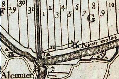 1, Molen 06651 n De Graeuwe Papiermolen / De Phenix (Alkmaar), Fragment van kaart, van S. van Esveldt, 1743 | Database Nederlandse molens media-bestand