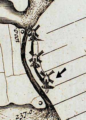 1, Molen 08730 Belmermeer, bovenmolen (Broek in Waterland), fragment van kaart Sijmon Willem Boonacker, 1628 | Database Nederlandse molens media-bestand