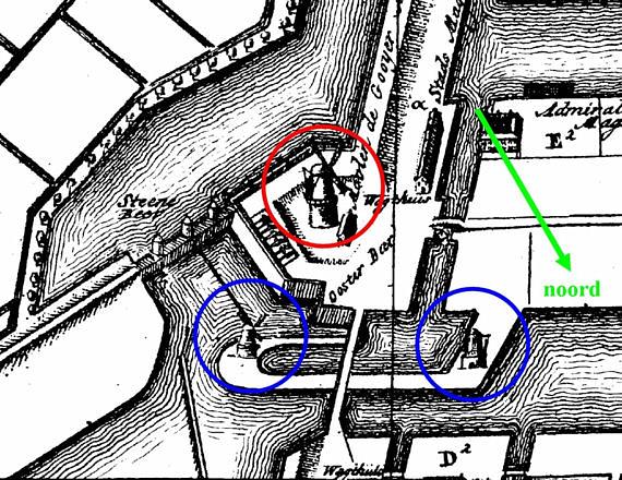 2, Molen 06491 b Stadsvuilwatermolen (4)/ Stadsbinnenwatermolen (Amsterdam), Deel van kaart uit 1795 met de stadsvuilwatermolens | Database Nederlandse molens media-bestand