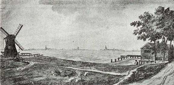 1, Molen 07188 Stadsvuilwatermolen (4) eerste locatie (Amsterdam), Tekening: H. Tavenier, 1754. Rechts het Huis Zeeburg | Database Nederlandse molens media-bestand