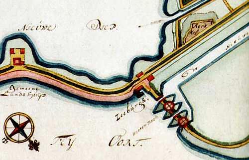 1, Molen 07188 Stadsvuilwatermolen (4) eerste locatie (Amsterdam), Gebruikskaart van Anthony Grave, gebaseerd op de kaart van Pieter Schenk. Coll. Theo Bakker. | Database Nederlandse molens media-bestand