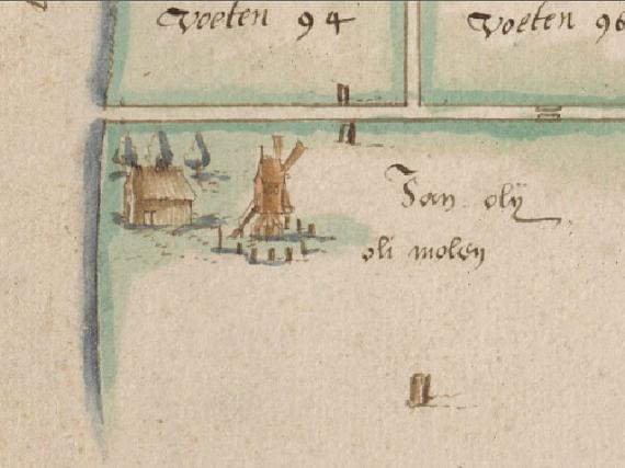 1, Molen 07194 De Spring in 't Veld / De Roo Olymolen (1e) (Amsterdam), Detail kaart Lucas Jansz Sinck, 1605-1610 (N linksonder) | Database Nederlandse molens media-bestand
