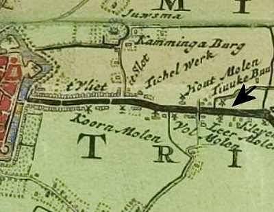 1, Molen 08494 Leermolen (Leeuwarden/ Ljouwert), Atlas van Schotanus (1718), kaartfragment gemeente Leeuwarderadeel | Database Nederlandse molens media-bestand