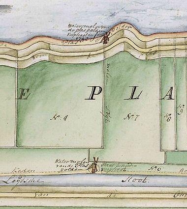 1, Molen 08594 Plaspolder (1e plek) (Woubrugge), Oude en nieuwe locatie (J. de Sauvage, 1792) | Database Nederlandse molens media-bestand