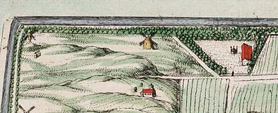 1, Molen 06902 i Gortmolen aan de Noordwal (Den Haag), fragment kaart J.Blaeu, 1657de molen afgebeeld als grondzeiler | Database Nederlandse molens media-bestand