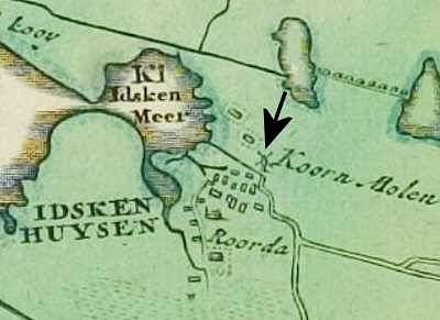 1, Molen 07919 Korenmolen van Idskenhuizen (Idskenhuizen/ Jiskenhuzen), Atlas van Schotanus (1718), kaartfragment gemeente Doniawerstal | Database Nederlandse molens media-bestand