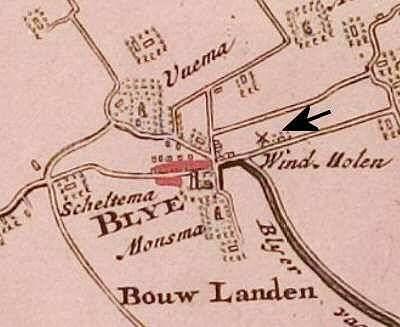 1, Molen 07977 Korenmolen van Blija (Blija/ Blije), Atlas van Schotanus (1718), kaartfragment gemeente Ferwerderadeel | Database Nederlandse molens media-bestand
