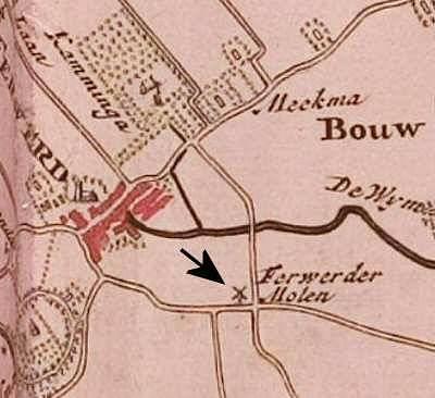 1, Molen 07976 Ferwerder Molen (Ferwerd/ Ferwert), Atlas van Schotanus (1718), kaartfragment gemeente Ferwerderadeel | Database Nederlandse molens media-bestand
