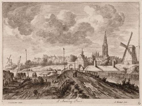 1, Molen 08050 De Ruyter (1e) (Amsterdam), Ets van Jacob van Ruysdael, 1664 ca.Rechts de grutmolen, links een nog onbekende molen. | Database Nederlandse molens media-bestand