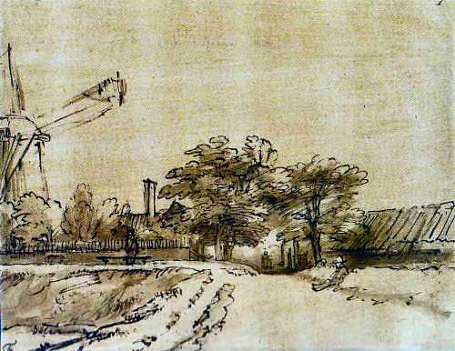 3, Molen 08050 De Ruyter (1e) (Amsterdam), Schilderij van Rembrandt van Rhijn (1606-1669)Het bolwerk bij de Sint Anthonispoort ca 1650 | Database Nederlandse molens media-bestand