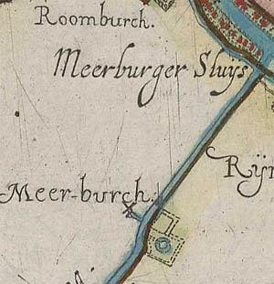 Molen 08059 Meerburgermolen voorganger (Zoeterwoude), Kaartfragment Fl.Balthasar van Berckenrode, 1615 | Database Nederlandse molens media-bestand