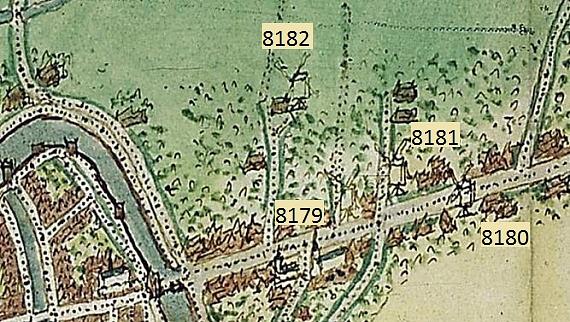 1, Molen 08182 Cruypmolen (Utrecht), Jacob van Deventer, ca. 1560, met nummer van de 4 molens op basis van bovenstaande plaatsbepaling | Database Nederlandse molens media-bestand