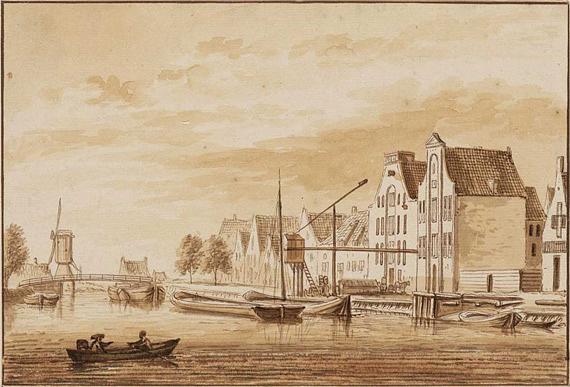 1, Molen 08342 De Kraai (2e) (Amsterdam), Brouwerij De Star a/d Brouwersgracht in 1720, gezien naar bolwerk Sloterdijk met korenmolen De Kraai | Database Nederlandse molens media-bestand