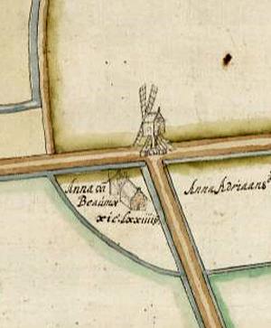 Molen 06679 v Klaaswaalsche molen (Westmaas), fragment kaart, 1539, Het noorden is rechtszie externes verwijzing | Database Nederlandse molens media-bestand