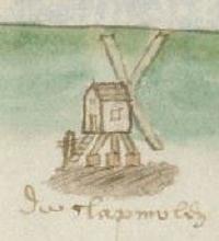 Molen 08390 De Wou (Haarlem), detail kaart Pieter Bruynsz., 1605 | Database Nederlandse molens media-bestand
