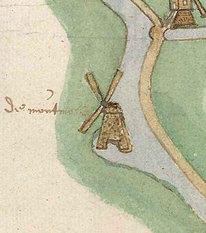 Molen 08411 Het Kalf (Haarlem), Detail kaart A. de Bruyn, 1605 (noorden links) | Database Nederlandse molens media-bestand
