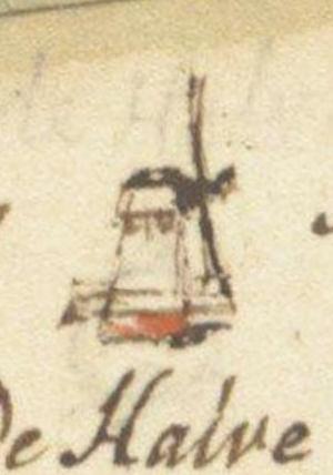 Molen 08412 De Halve Maan (Haarlem), Detail kaart Maurits Walraven, 1734 | Database Nederlandse molens media-bestand