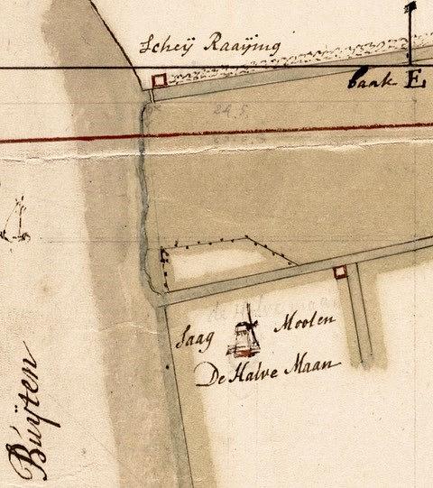 1, Molen 08412 De Halve Maan (Haarlem), Detail kaart Maurits Walraven, 1734 (noord is onder) | Database Nederlandse molens media-bestand