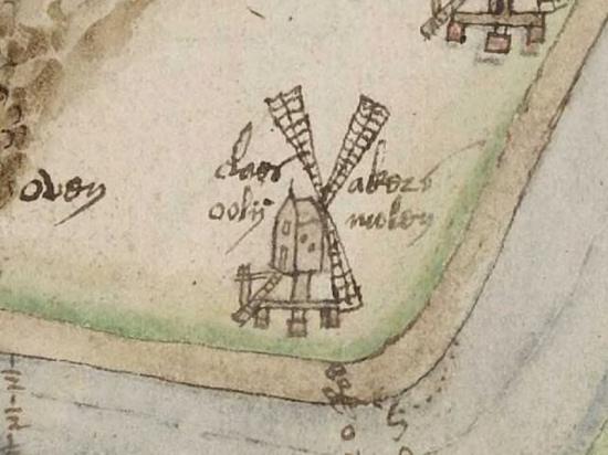 2, Molen 08414 De Tuchthuis (Haarlem), Detail kaart Pieter Sluter, ca. 1566 (zie hierboven) | Database Nederlandse molens media-bestand