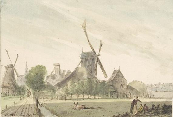 3, Molen 01077 a Zijlmolen (Haarlem), Jordanus Hoorn, 1774, De Zijlmolen links, Het Kruis rechts | Database Nederlandse molens media-bestand