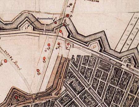 1, Molen 08431 De Roomolen (1e) (Amsterdam), fragment van een kaart uit 1661 | Database Nederlandse molens media-bestand