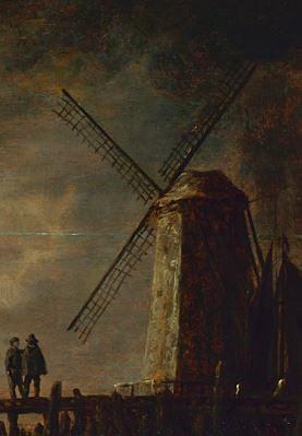 Molen 12032 De Beer (1e) (Dordrecht), Aelbert Cuyp, Dordrechter Hafen im Mondeschein, Wallraf-Richartz Museum (uitsnede) | Database Nederlandse molens media-bestand