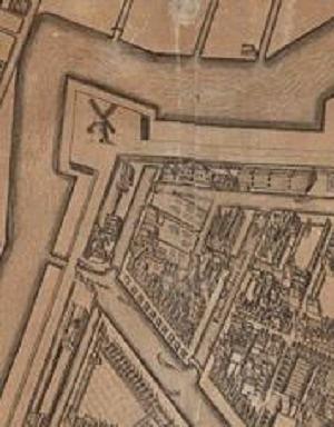 Molen 12527 De Hoop (1e) (Amsterdam), Van Berckenrode, 1657, boven deze molen, eronder De Tor (dbnr. 8769) | Database Nederlandse molens media-bestand