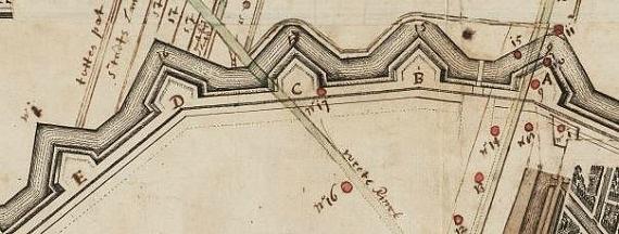 1, Molen 12527 De Hoop (1e) (Amsterdam), verplaatsingskaart 1661. molen w1 (rechts) wordt verplaatst naar bolwerk E (buiten bijgeschreven w1) | Database Nederlandse molens media-bestand