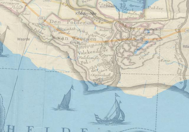 2, Molen 12638 Molen van Valkenisse (Rilland), Overlay van de oude kaart op de huidige situatie, hierop zijn onze coördinaten gebaseerd | Database Nederlandse molens media-bestand