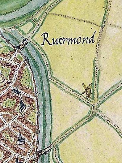 1, Molen 10408 Molen buiten de Maasnielderpoort (Roermond), Detail stadskaart Jacob van Deventer, 1550-1560 | Database Nederlandse molens media-bestand