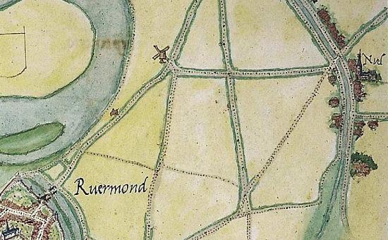 1, Molen 06470 n Molen van de Voogd / Voigtswintmeulen 1e (Roermond), Detail stadskaart Jacob van Deventer, 1550-1560 | Database Nederlandse molens media-bestand