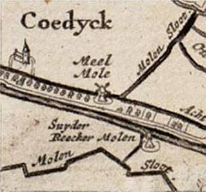 2, Molen 06652 r Zuider Rekerpolder (Bergen), Detail kaart Uitwaterende Sluizen, 1745 | Database Nederlandse molens media-bestand