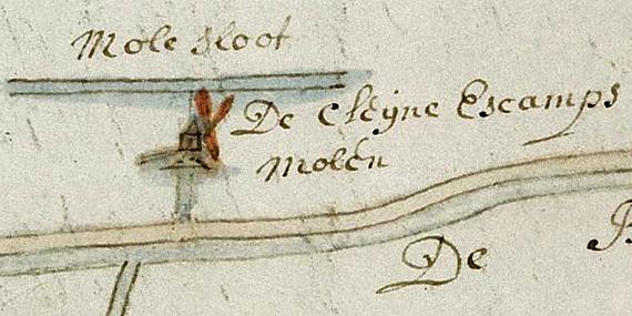 1, Molen 06498 o Oost Eskamppolder (Den Haag), Kaartfragment 1687, Nationaal Archief, coll. Hingman | Database Nederlandse molens media-bestand
