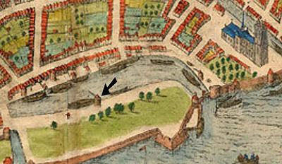 1, Molen 12144 Kraanmolen (aan het Nieuwe Werk) (Dordrecht), fragment kaart Dordrecht, Dordrecht - Braun and Hogenberg ,1581-88 | Database Nederlandse molens media-bestand