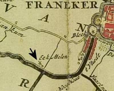1, Molen 10654 Eek Molen (Franeker/ Frjentsjer), Atlas van Schotanus (1718), kaartfragment gemeente Franekeradeel | Database Nederlandse molens media-bestand
