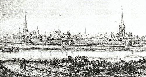 1, Molen 10605 (standerdmolen) (Zutphen), Zutphen rond 1300 ?? (aquarel van Van der Worp, 1803-1878) | Database Nederlandse molens media-bestand