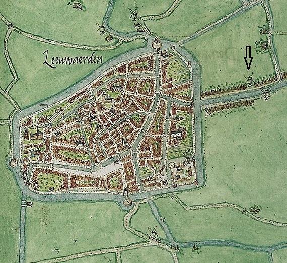 1, Molen 10604 Korenmolen aan het Vliet (Leeuwarden/ Ljouwert), Jacob van Deventer, Leeuwarden ca. 1560, detail | Database Nederlandse molens media-bestand