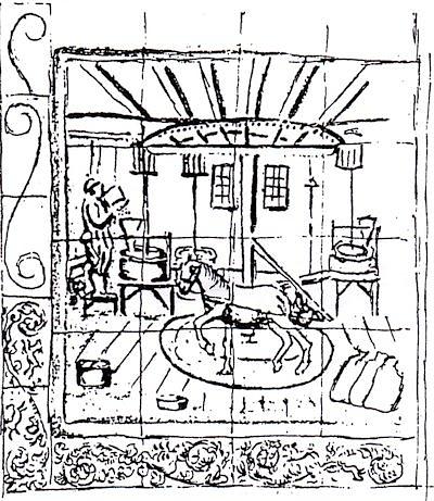 1, Molen 16142 Grutterij van Andrys Sybes (Grouw/ Grou), Tegeltableau in Rottevalle (tek. Ids Wiersma) | Database Nederlandse molens media-bestand