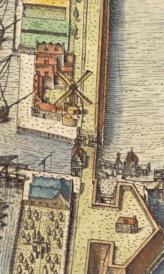 1, Molen 15917 De Bul (1e) (Alkmaar), Uitsnede kaart Cornelis Drebbel, 1597 (Wikimedia) | Database Nederlandse molens media-bestand