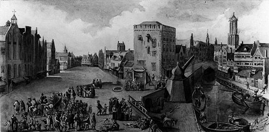1, Molen 16125 Stadskraan (Utrecht), De afbeelding van Joseph Hoevenaar (1840-1925) is vervaardigd in 1876, naar een schilderij van Joost Cornelisz. Droochsloot uit ca 1616. Bron: Archief Utrecht, cat.nr. 30133
(nog een houten uitvoering). | Database Nederlandse molens media-bestand