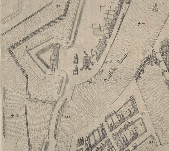 2, Molen 16445 (standerdmolen 5/7) (Amsterdam), Detail kaart P. Bast en C.J. Visscher, 1597 (N is rechts) | Database Nederlandse molens media-bestand