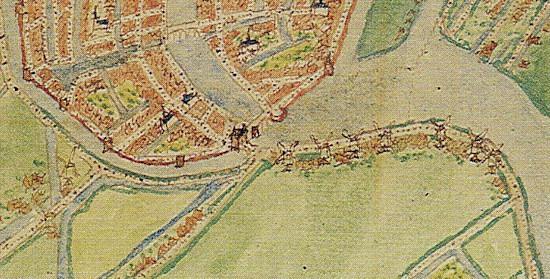 1, Molen 16447 (standerdmolen 7/7) (Amsterdam), Fragment kaart Van Deventer, 1560 (9e molen van links) | Database Nederlandse molens media-bestand