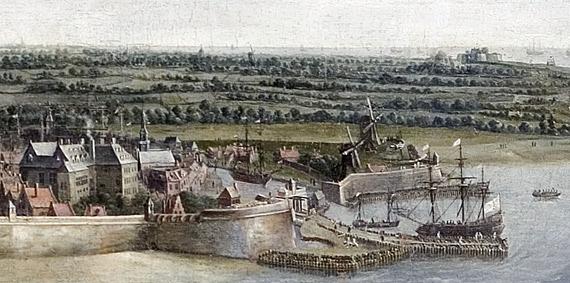 1, Molen 16589 Molen op Orange Punt (Vlissingen), fragment kaart Petrus Segaers, 1669het gaat om de linkermolen | Database Nederlandse molens media-bestand