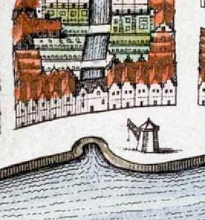 Molen 16594 (kadekraan) (Middelburg), Detail stadskaart J. Blaeu, 1649 (get.molen + kraanmolen) | Database Nederlandse molens media-bestand