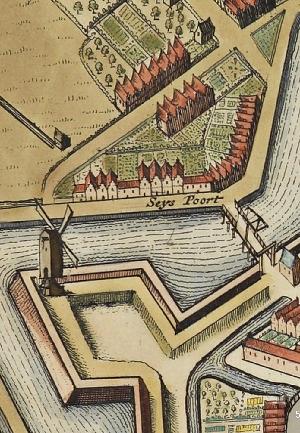 Molen 16595 Seismolen (voorganger) (Middelburg), Detail stadskaart J. Blaeu, 1649 | Database Nederlandse molens media-bestand