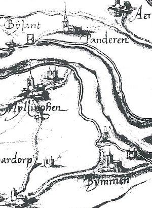 Molen 16638 Molen op de Steen (Millingen aan de Rijn), Detail kaart Christiaan 's Grooten, 1573 (KB, Brussel) | Database Nederlandse molens media-bestand