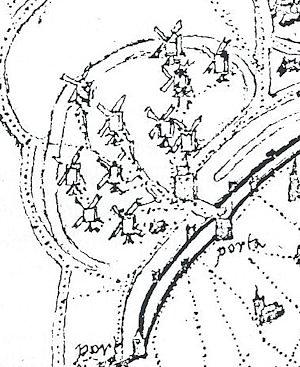 Molen 16778 (elf standerdmolens NW van de stad, 1560) (Deventer), Detail kaart Jacob van Deventer, ca. 1560 | Database Nederlandse molens media-bestand