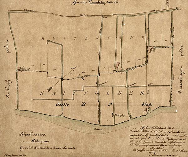 3, Molen 14927 Knippolder, Knipmolen (1e) (Voorschoten), Kaart Knippolder uit 1855, Rijnland archief  | Database Nederlandse molens media-bestand