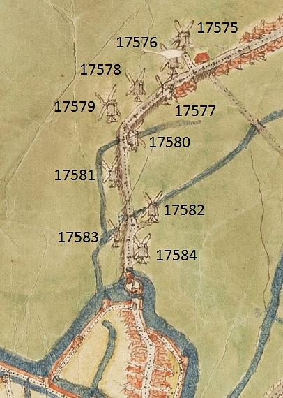1, Molen 17575 standerdmolen 10 buiten de Hintemerpoort ('s-Hertogenbosch), Jacob van Deventer, ca. 1560, detail | Database Nederlandse molens media-bestand