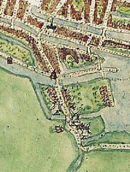 1, Molen 11831 (standerdmolen) (Alkmaar), Detail kaart Van Deventer, ca. 1560. De bovenste molen van de drie | Database Nederlandse molens media-bestand